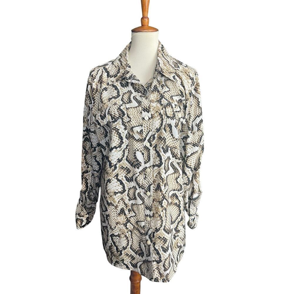 JM Collection Snake Print Button Down Blouse Size 18 NEW w/Tags Roll Tab Sleeves